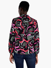 Load image into Gallery viewer, Nic and Zoe designers are a seriously talented bunch. Even idle turns of their pens can turn into something as unique as this dynamic black and pink top. Its birth may be rooted in the accidental, but intentional details show the upmost attention to even the smallest details. Details like elastic cuff sleeves, a shirt collar, a button front and a longer hem that extends just below the hip. This top is a piece of magnificent abstract art!