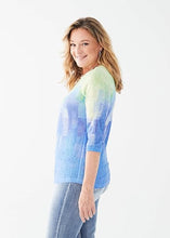 Load image into Gallery viewer, Unleash effortless style with the FDJ French Dressing Notch Neck 3/4 Sleeve Jersey Top. This chic and comfortable top features a mesmerizing abstract print in a vibrant Mojito Gradient, making it the perfect addition to your collection. Styles beautifully with dress pants, jeans, shorts and skirts.