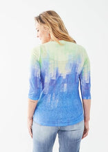 Load image into Gallery viewer, Unleash effortless style with the FDJ French Dressing Notch Neck 3/4 Sleeve Jersey Top. This chic and comfortable top features a mesmerizing abstract print in a vibrant Mojito Gradient, making it the perfect addition to your collection. Styles beautifully with dress pants, jeans, shorts and skirts.