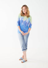 Load image into Gallery viewer, Unleash effortless style with the FDJ French Dressing Notch Neck 3/4 Sleeve Jersey Top. This chic and comfortable top features a mesmerizing abstract print in a vibrant Mojito Gradient, making it the perfect addition to your collection. Styles beautifully with dress pants, jeans, shorts and skirts.