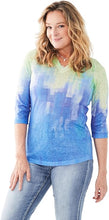 Load image into Gallery viewer, Unleash effortless style with the FDJ French Dressing Notch Neck 3/4 Sleeve Jersey Top. This chic and comfortable top features a mesmerizing abstract print in a vibrant Mojito Gradient, making it the perfect addition to your collection. Styles beautifully with dress pants, jeans, shorts and skirts.
