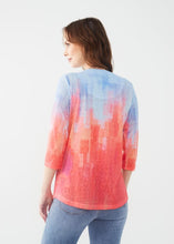 Load image into Gallery viewer, Unleash effortless style with the FDJ French Dressing Notch Neck 3/4 Sleeve Jersey Top. This chic and comfortable top features a mesmerizing abstract print in a vibrant Flamingo Gradient, making it the perfect addition to your collection. Styles beautifully with dress pants, jeans, shorts and skirts.