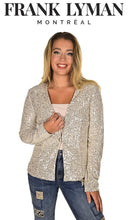 Load image into Gallery viewer, This Frank Lyman blazer is truly timeless and a must-have for your closet. A vertical stripe sequin design provides a stunning, one-of-a-kind look while a relaxed cut and single button closure add timeless sophistication. The nude/silver jacket is perfect for any special occasion and guarantees to draw admiration. Make this beautiful piece your own. Color: Nude/Silver Fabric: 97% Polyester 3% Elastane Single button closure. Knit All-over Sequin Jacket Fabric: 97% Polyester. 3% Elastane.