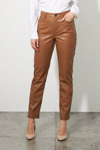 Load image into Gallery viewer, This pant features a faux leather construction, ultra-soft to the touch. Joseph Ribkoff's classic five-pocket design offers the utmost versatility for a chic finish. Perfect for the office or a night out on the town, this style effortlessly completes any outfit. Color - Nutmeg Back pockets. Front pockets. Zipper and button closure. Belt loops. Joseph Ribkoff silver tag. Straight leg design.