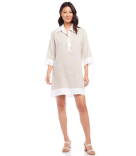 Load image into Gallery viewer, Elevate your warm-weather wardrobe with this chic linen shift dress by Karen Kane. Featuring stylish colorblock panels in tan and white, this dress offers effortless elegance and versatility. The breathable linen fabric keeps you cool in warm weather and warm in cooler temperatures, making it a perfect year-round choice. Designed with a split neckline, 3/4 sleeves, and an above-the-knee length, this dress is ideal for casual outings or semi-formal occasions.