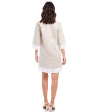 Load image into Gallery viewer, Elevate your warm-weather wardrobe with this chic linen shift dress by Karen Kane. Featuring stylish colorblock panels in tan and white, this dress offers effortless elegance and versatility. The breathable linen fabric keeps you cool in warm weather and warm in cooler temperatures, making it a perfect year-round choice. Designed with a split neckline, 3/4 sleeves, and an above-the-knee length, this dress is ideal for casual outings or semi-formal occasions.