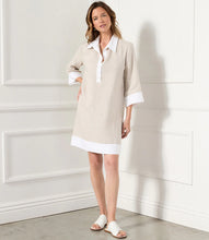 Load image into Gallery viewer, Elevate your warm-weather wardrobe with this chic linen shift dress by Karen Kane. Featuring stylish colorblock panels in tan and white, this dress offers effortless elegance and versatility. The breathable linen fabric keeps you cool in warm weather and warm in cooler temperatures, making it a perfect year-round choice. Designed with a split neckline, 3/4 sleeves, and an above-the-knee length, this dress is ideal for casual outings or semi-formal occasions.