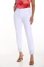 Load image into Gallery viewer, The Frank Lyman Pant is a timeless addition to any wardrobe, blending sophistication and comfort effortlessly. Designed with a soft off-white hue, these pants exude elegance, making them perfect for any occasion. The Onike features a beautifully detailed hem that adds a touch of elegance and sophistication. The ankle-length design is enhanced with intricate embroidery and cut-out accents, creating a refined yet modern aesthetic.
