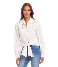 Load image into Gallery viewer, This lovely top is constructed with cotton fabric, allowing for softness and breathability. It showcases a floral embroidery in an eyelet design, elevating any ensemble with a touch of sophistication and femininity.