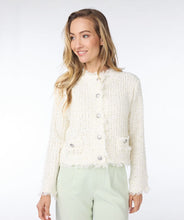 Load image into Gallery viewer, Elevate your wardrobe with this stylish, classic-inspired cardigan. Featuring subtle gold shimmer threading and a touch of fray, this cardigan is the perfect choice for a sophisticated and chic look. From the office to dinner, simply pair it with slacks or white jeans for a versatile and polished ensemble.
