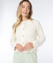 Load image into Gallery viewer, Elevate your wardrobe with this stylish, classic-inspired cardigan. Featuring subtle gold shimmer threading and a touch of fray, this cardigan is the perfect choice for a sophisticated and chic look. From the office to dinner, simply pair it with slacks or white jeans for a versatile and polished ensemble.