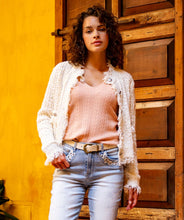 Load image into Gallery viewer, Elevate your wardrobe with this stylish, classic-inspired cardigan. Featuring subtle gold shimmer threading and a touch of fray, this cardigan is the perfect choice for a sophisticated and chic look. From the office to dinner, simply pair it with slacks or white jeans for a versatile and polished ensemble.