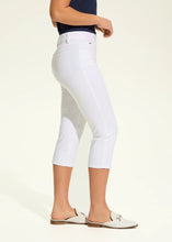 Load image into Gallery viewer, These capris in a crisp white color, feature tiny, sparkling rhinestone embellishment on the front of each leg, adding a touch of sparkle and elegance to their design. With a mid-rise waist, slim leg shape, and a cropped length of 21 inches, they offer a flattering and polished look.