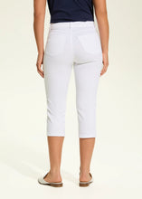 Load image into Gallery viewer, These capris in a crisp white color, feature tiny, sparkling rhinestone embellishment on the front of each leg, adding a touch of sparkle and elegance to their design. With a mid-rise waist, slim leg shape, and a cropped length of 21 inches, they offer a flattering and polished look.
