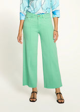 Load image into Gallery viewer, Make a statement in these effortlessly stylish wide-leg ankle jeans. Featuring a pintuck front seam and a frayed hemline, the Olivia design blends sophistication with a touch of modern edge. The high-rise waist provides a flattering fit, while the comfortable fabric ensures ease of movement all day long. Perfect for pairing with your favorite heels or sneakers, this versatile piece is a must-have addition to any wardrobe.