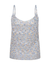 Load image into Gallery viewer, The EsQualo Cheri Camisole is a stylish and versatile piece, featuring an open-knit multicolor design in shades of blue and flecks of orange that adds a playful touch to any outfit. With its relaxed fit, this camisole is perfect for layering or wearing solo, making it a must-have for both casual and chic occasions. Crafted from high-quality materials, it ensures comfort and durability. Pair it with jeans for a laid-back look or a skirt for a more polished ensemble.