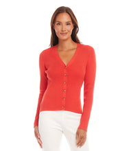 Load image into Gallery viewer, Add a pop of color to your spring wardrobe with this vibrant orange ribbed cardigan. Featuring a classic button-front design and long sleeves, this versatile piece is perfect for layering over any outfit or wearing on its own. Its ribbed texture adds a touch of elegance while ensuring a comfortable fit. Whether you're dressing up for a day at the office or keeping it casual on the weekends, this cardigan is the perfect addition to your spring collection.