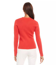 Load image into Gallery viewer, Add a pop of color to your spring wardrobe with this vibrant orange ribbed cardigan. Featuring a classic button-front design and long sleeves, this versatile piece is perfect for layering over any outfit or wearing on its own. Its ribbed texture adds a touch of elegance while ensuring a comfortable fit. Whether you're dressing up for a day at the office or keeping it casual on the weekends, this cardigan is the perfect addition to your spring collection.