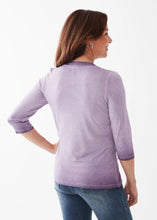 Load image into Gallery viewer, his orchid purple ombre-dyed three-quarter sleeve, V-neck top is exquisitely crafted for an beautiful look. Its ultra-soft materials make it ideal for both solo wear or layering beneath your favorite jacket or cardigan. Color- Orchid. Ombre dyed. V- neck. 3/4 sleeve. Fabric -95% Viscose. 5% Elastane. Care-Machine gentle wash cold. Lay flat to dry. Do not bleach.