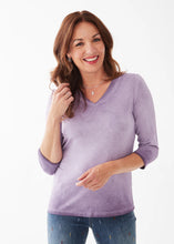 Load image into Gallery viewer, This orchid purple ombre-dyed three-quarter sleeve, V-neck top is exquisitely crafted for an beautiful look. Its ultra-soft materials make it ideal for both solo wear or layering beneath your favorite jacket or cardigan. Color- Orchid. Ombre dyed. V- neck. 3/4 sleeve. Fabric -95% Viscose. 5% Elastane. Care-Machine gentle wash cold. Lay flat to dry. Do not bleach.