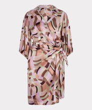Load image into Gallery viewer, A captivating composition of color and pattern culminate in a simply stunning dress. Our Gena features a timeless silhouette paired with a geometric print to create a flattering, dynamic look. Completed with three quarter, billowy, elasticized sleeves and a side tie. Colors- Brown, pink, lilac, mint green. Collared. Wrap style dress. Billowy three quarter, elasticized sleeves. Side tie. Geometric print.