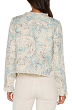 Load image into Gallery viewer, Make a statement with our contemporary jean jacket! Its frayed hem and eye-catching ecru and turquoise marbled print will bring a unique sense of elegance and personality to your wardrobe. 