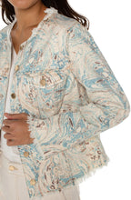Load image into Gallery viewer, Make a statement with our contemporary jean jacket! Its frayed hem and eye-catching ecru and turquoise marbled print will bring a unique sense of elegance and personality to your wardrobe. 