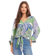 Load image into Gallery viewer, Featuring a captivating green and blue paisley print, this top effortlessly commands attention with its vibrant hues and eye-catching design. Designed with blouson sleeves and a tie-front detail, this top offers a relaxed yet chic silhouette that drapes beautifully on the body with a customizable fit.