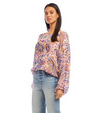 Load image into Gallery viewer, This stylish top features billowing blouson sleeves and a captivating paisley print. It pairs well with denim and is really a perfect top for any occasion. Color-Blues, purples, pink, gold. Watercolor paisley print. Crew neck. Elasticized hem. Lined. Italian fabric -100% Viscose.