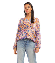 Load image into Gallery viewer, This stylish top features billowing blouson sleeves and a captivating paisley print. It pairs well with denim and is really a perfect top for any occasion. Color-Blues, purples, pink, gold. Watercolor paisley print. Crew neck. Elasticized hem. Lined. Italian fabric -100% Viscose.
