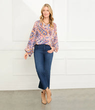 Load image into Gallery viewer, This stylish top features billowing blouson sleeves and a captivating paisley print. It pairs well with denim and is really a perfect top for any occasion. Color-Blues, purples, pink, gold. Watercolor paisley print. Crew neck. Elasticized hem. Lined. Italian fabric -100% Viscose.