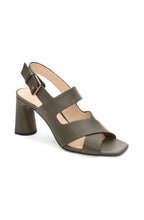 Load image into Gallery viewer, This heeled sandal in a gorgeous olive boasts a retro look, complete with inked edge details and a subtle icon buckle. Elevate any outfit with a touch of elegance.