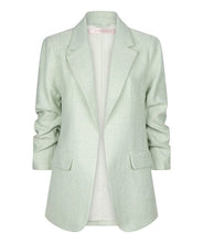 Load image into Gallery viewer, Opt for the Pietta Pastel Green Blazer Linen Look - EsQualo SP2410008 with smocked sleeves for a polished and stylish touch. Whether you're going for a casual spring look in cute jeans or a more refined look with our Pistachio-colored Cate City Trousers - EsQualo SP2410025, this blazer is the perfect choice.