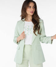 Load image into Gallery viewer, Opt for the Pietta Pastel Green Blazer Linen Look - EsQualo SP2410008 with smocked sleeves for a polished and stylish touch. Whether you're going for a casual spring look in cute jeans or a more refined look with our Pistachio-colored Cate City Trousers - EsQualo SP2410025, this blazer is the perfect choice.