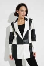 Load image into Gallery viewer, Be bold and unique in this stunning Joseph Ribkoff blazer crafted in soft faux leather and elevated with a striking checker print design. A perfect style to elevate your look, simply pair with a pair of black pants, or skirt and top. Be prepared to receive compliments when you step out in this fabulous blazer. Colors -Black and white. Checker print design. Single button closure. No pockets. No zipper. Not lined.