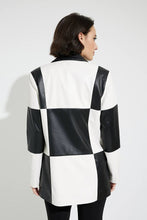 Load image into Gallery viewer, Be bold and unique in this stunning Joseph Ribkoff blazer crafted in soft faux leather and elevated with a striking checker print design. A perfect style to elevate your look, simply pair with a pair of black pants, or skirt and top. Be prepared to receive compliments when you step out in this fabulous blazer. Colors -Black and white. Checker print design. Single button closure. No pockets. No zipper. Not lined.
