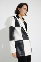 Load image into Gallery viewer, Be bold and unique in this stunning Joseph Ribkoff blazer crafted in soft faux leather and elevated with a striking checker print design. A perfect style to elevate your look, simply pair with a pair of black pants, or skirt and top. Be prepared to receive compliments when you step out in this fabulous blazer. Colors -Black and white. Checker print design. Single button closure. No pockets. No zipper. Not lined.