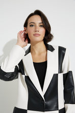 Load image into Gallery viewer, Be bold and unique in this stunning Joseph Ribkoff blazer crafted in soft faux leather and elevated with a striking checker print design. A perfect style to elevate your look, simply pair with a pair of black pants, or skirt and top. Be prepared to receive compliments when you step out in this fabulous blazer. Colors -Black and white. Checker print design. Single button closure. No pockets. No zipper. Not lined.
