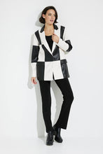 Load image into Gallery viewer, Be bold and unique in this stunning Joseph Ribkoff blazer crafted in soft faux leather and elevated with a striking checker print design. A perfect style to elevate your look, simply pair with a pair of black pants, or skirt and top. Be prepared to receive compliments when you step out in this fabulous blazer. Colors -Black and white. Checker print design. Single button closure. No pockets. No zipper. Not lined.