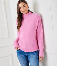 Load image into Gallery viewer, The mock neck sweater in a beautiful peony pink color is crafted from a soft and cozy boucle fabric that adds a touch of texture to your outfit. Its classic design is perfect for staying warm and stylish during colder months.