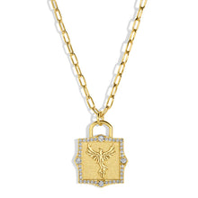 Load image into Gallery viewer, Gold necklace with a lock-shaped pendant featuring a phoenix design and surrounded by cubic zirconia against a white background.