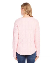 Load image into Gallery viewer, Enhance your winter wardrobe with our Poet Pink Cable Shirttail Sweater. Featuring a textured design and luxurious knitting techniques, this sweater will elevate your style while providing warmth and comfort. Perfect for any occasion, upgrade your look with this must-have piece.