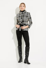 Load image into Gallery viewer, This versatile jacket boasts a funnel collar and a belt-cinch closure to achieve a sharp silhouette. Paired with cropped sleeves and button fastenings, this signature plaid pattern offers an elegant touch. Crafted to last, this timeless design promises a sophisticated look that will remain timeless. Color- Black, white and tan. Black buttons. Cinch belt. Funnel collar. Crop sleeves. Nonfunctional pockets.