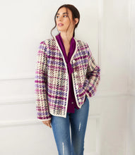 Load image into Gallery viewer, Experience the luxurious feel of this plush plaid boucle jacket, complete with faux leather trim. Whether you opt for a dressy look or casually stylish ensemble, you'll be looking fashion-forward. Color - Purple, berry, black and cream. Plaid Boucle. Italian fabric. Long sleeve. Partially lined.