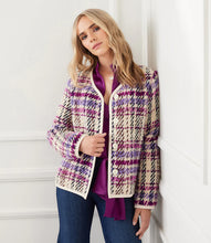 Load image into Gallery viewer, Experience the luxurious feel of this plush plaid boucle jacket, complete with faux leather trim. Whether you opt for a dressy look or casually stylish ensemble, you'll be looking fashion-forward. Color - Purple, berry, black and cream. Plaid Boucle. Italian fabric. Long sleeve. Partially lined.
