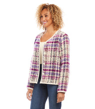Load image into Gallery viewer, Experience the luxurious feel of this plush plaid boucle jacket, complete with faux leather trim. Whether you opt for a dressy look or casually stylish ensemble, you'll be looking fashion-forward. Color - Purple, berry, black and cream. Plaid Boucle. Italian fabric. Long sleeve. Partially lined.