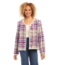 Load image into Gallery viewer, Experience the luxurious feel of this plush plaid boucle jacket, complete with faux leather trim. Whether you opt for a dressy look or casually stylish ensemble, you'll be looking fashion-forward. Color - Purple, berry, black and cream. Plaid Boucle. Italian fabric. Long sleeve. Partially lined.