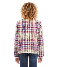 Load image into Gallery viewer, Experience the luxurious feel of this plush plaid boucle jacket, complete with faux leather trim. Whether you opt for a dressy look or casually stylish ensemble, you'll be looking fashion-forward. Color - Purple, berry, black and cream. Plaid Boucle. Italian fabric. Long sleeve. Partially lined.