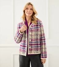 Load image into Gallery viewer, Experience the luxurious feel of this plush plaid boucle jacket, complete with faux leather trim. Whether you opt for a dressy look or casually stylish ensemble, you'll be looking fashion-forward. Color - Purple, berry, black and cream. Plaid Boucle. Italian fabric. Long sleeve. Partially lined.