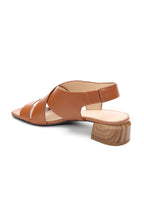 Load image into Gallery viewer, Effortlessly make a fashion statement with our Pomona sandal in fashionable luggage shade, offering both comfort and refined style. Skillfully designed with elegant cognac leather and a sleek wood finished heel for an upscale look.